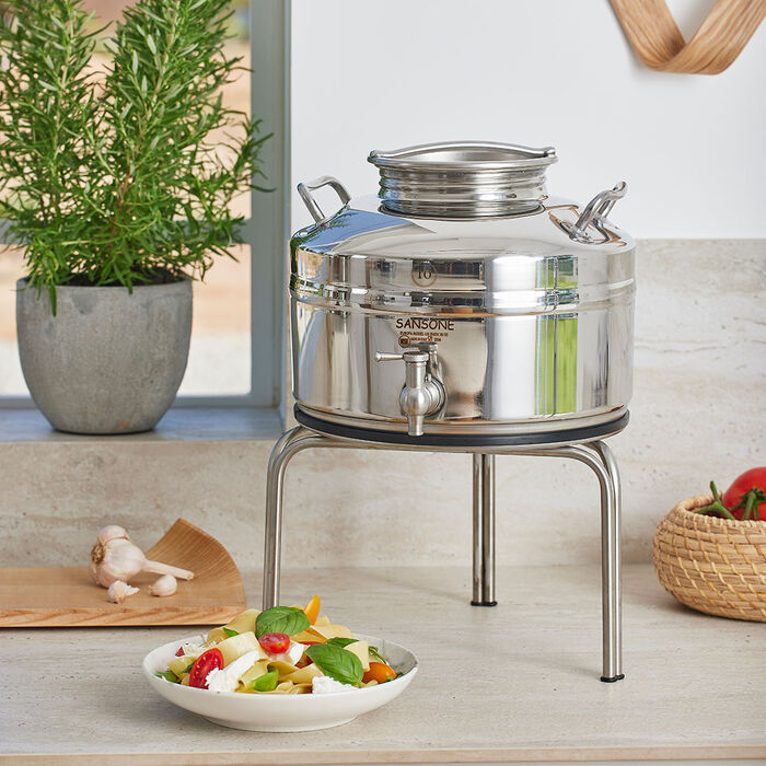 מיכל נירוסטה לשמן זית – 10 ליטר פרימיום + מעמד